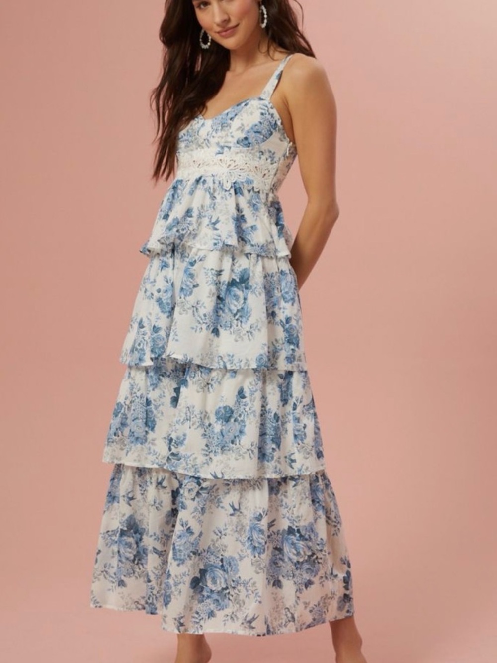 Altar'd State Blue and White Floral Tiered Maxi Dress